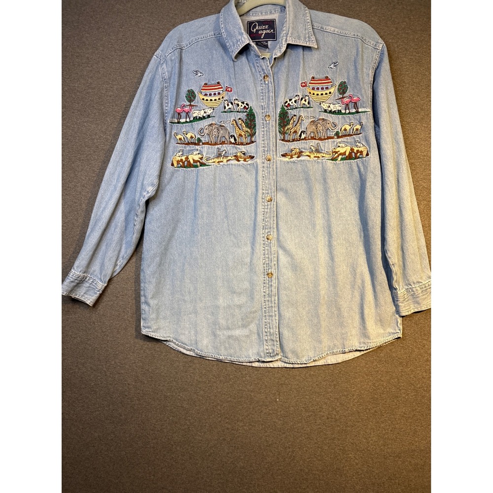 Vintage Quizz Again Noahs Ark Embroidered Denim Shirt Womens Medium Light Wash